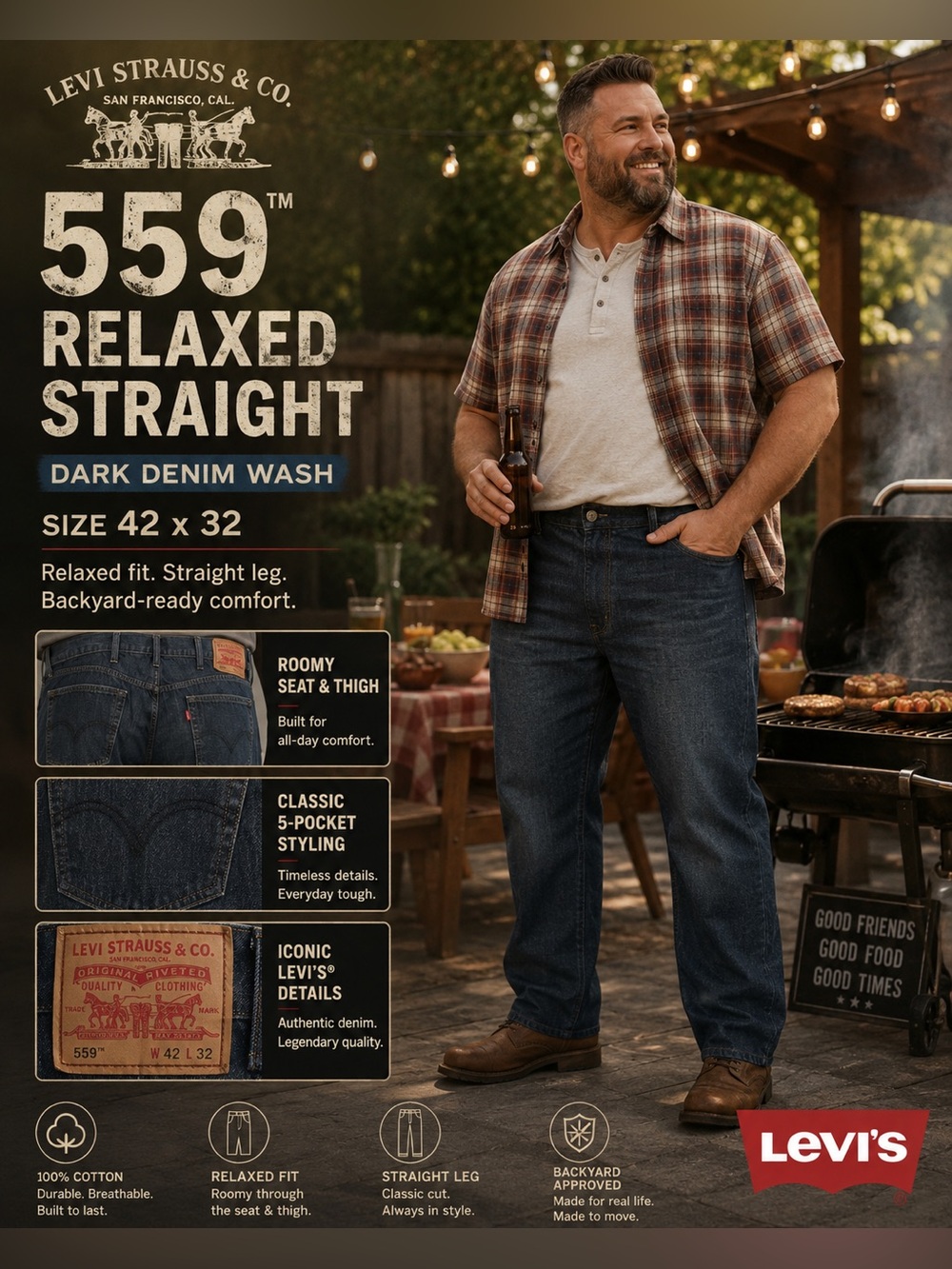 Levi's 559 Relaxed Straight Jeans in Dark Blue Denim 42 X 32